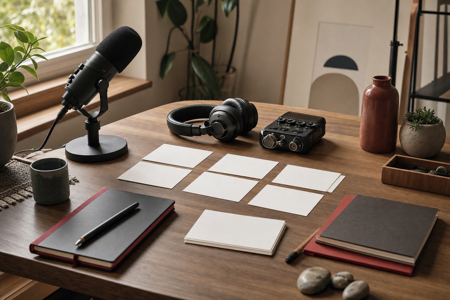 Podcast microphone, headphones, recorder, and blank planning cards on a studio desk