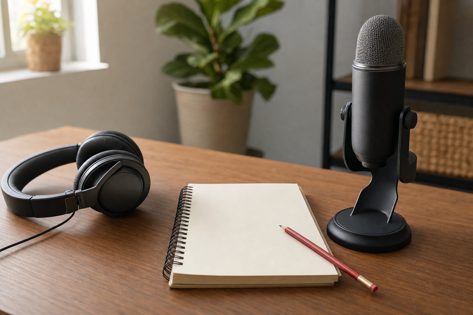 Headphones, a blank notebook, pencil, and studio microphone on a podcast desk