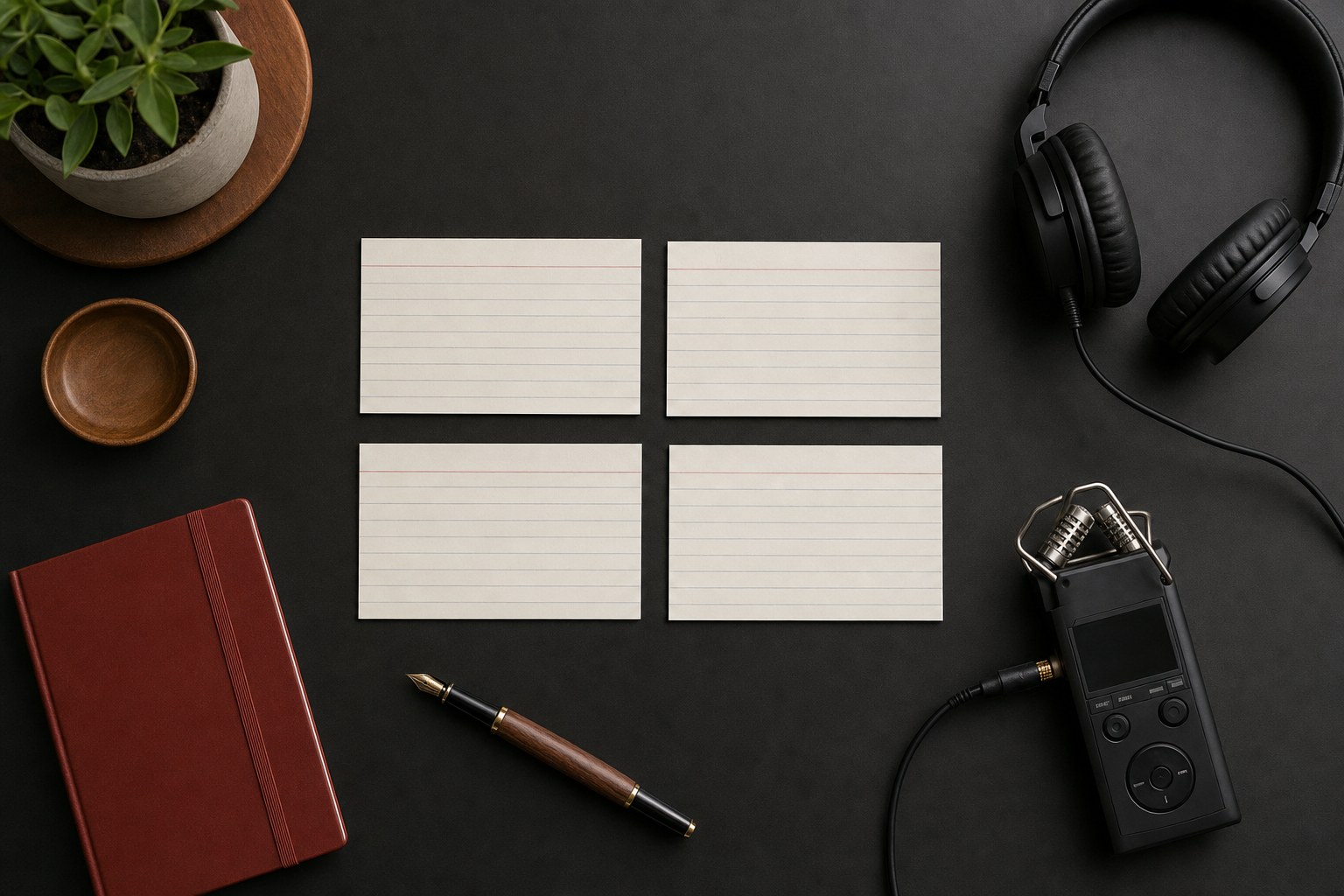 Blank index cards, headphones, recorder, notebook, and pen arranged as a podcast planning outline
