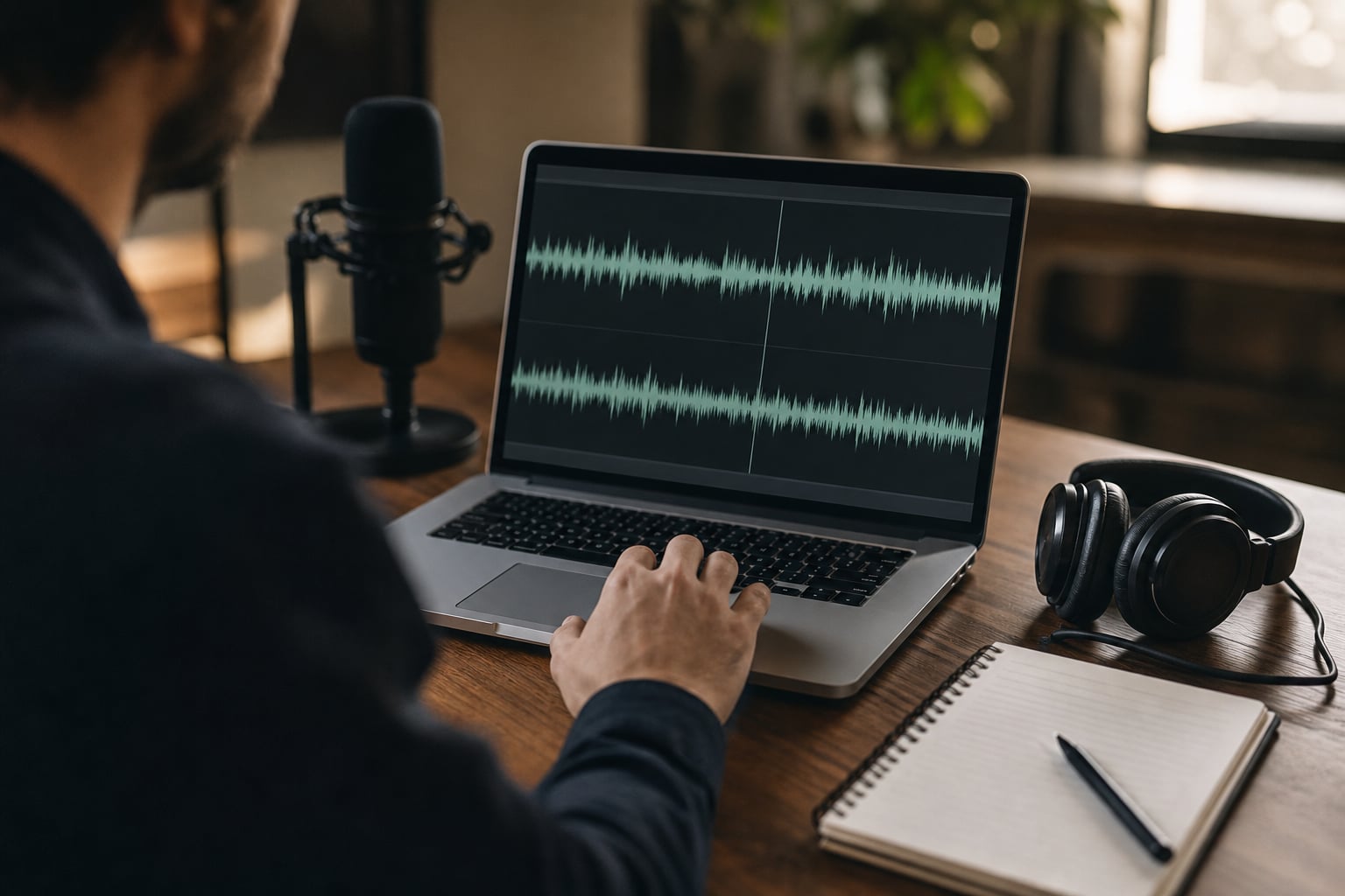 Producer editing a podcast audio waveform on a laptop