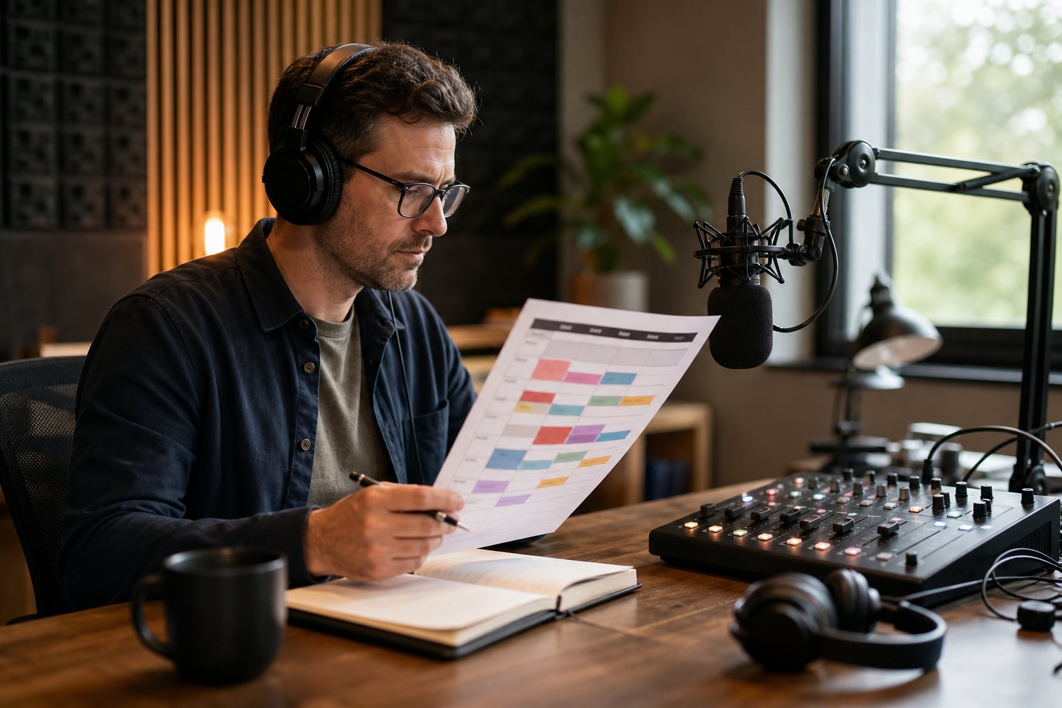 Podcast producer reviewing an episode schedule beside a studio microphone