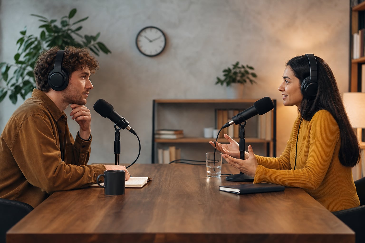 Two people recording a podcast interview across a table