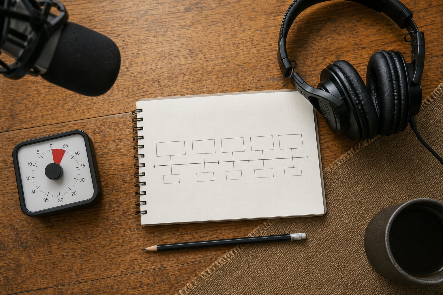 Podcast planning notebook with a segment timeline, timer, headphones, and microphone