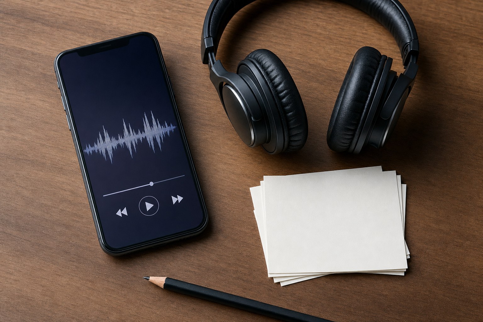Phone showing a generic audio waveform beside headphones and blank title cards