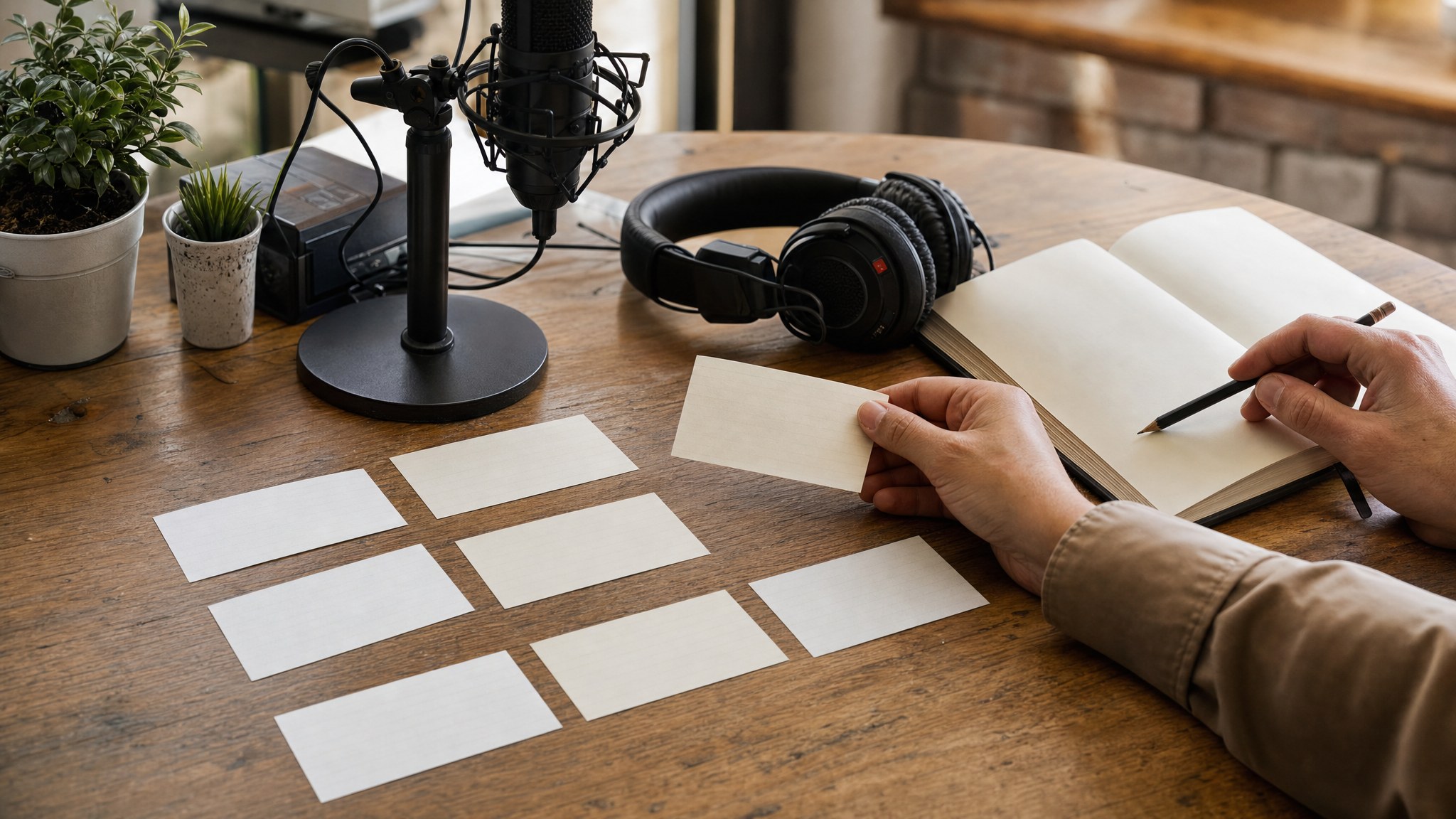 Podcast producer choosing an episode title from blank cards beside a microphone