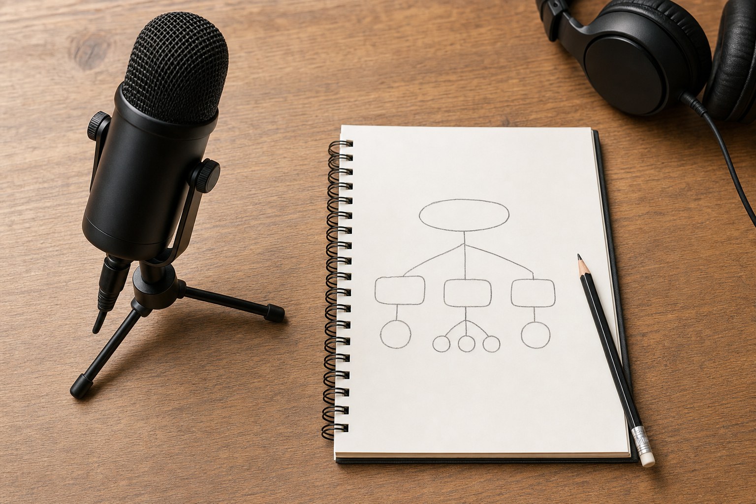 Microphone, headphones, and a notebook showing a simple planning diagram on a studio table
