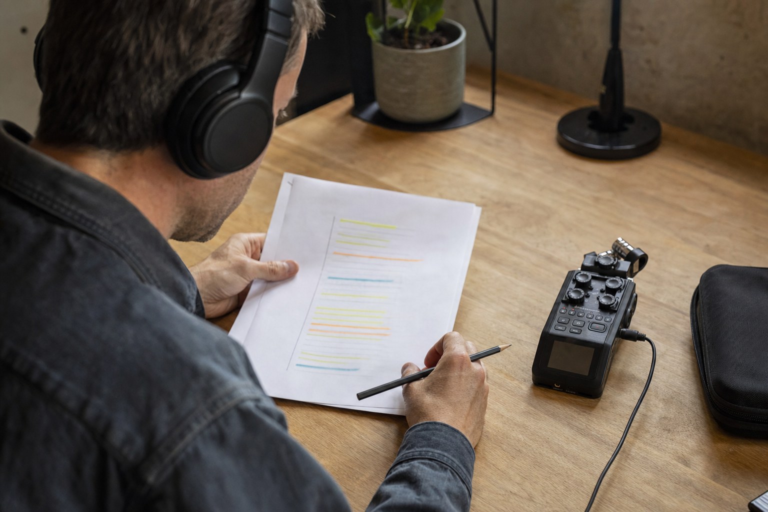 Podcast producer in headphones reviewing marked-up recording notes beside an audio recorder