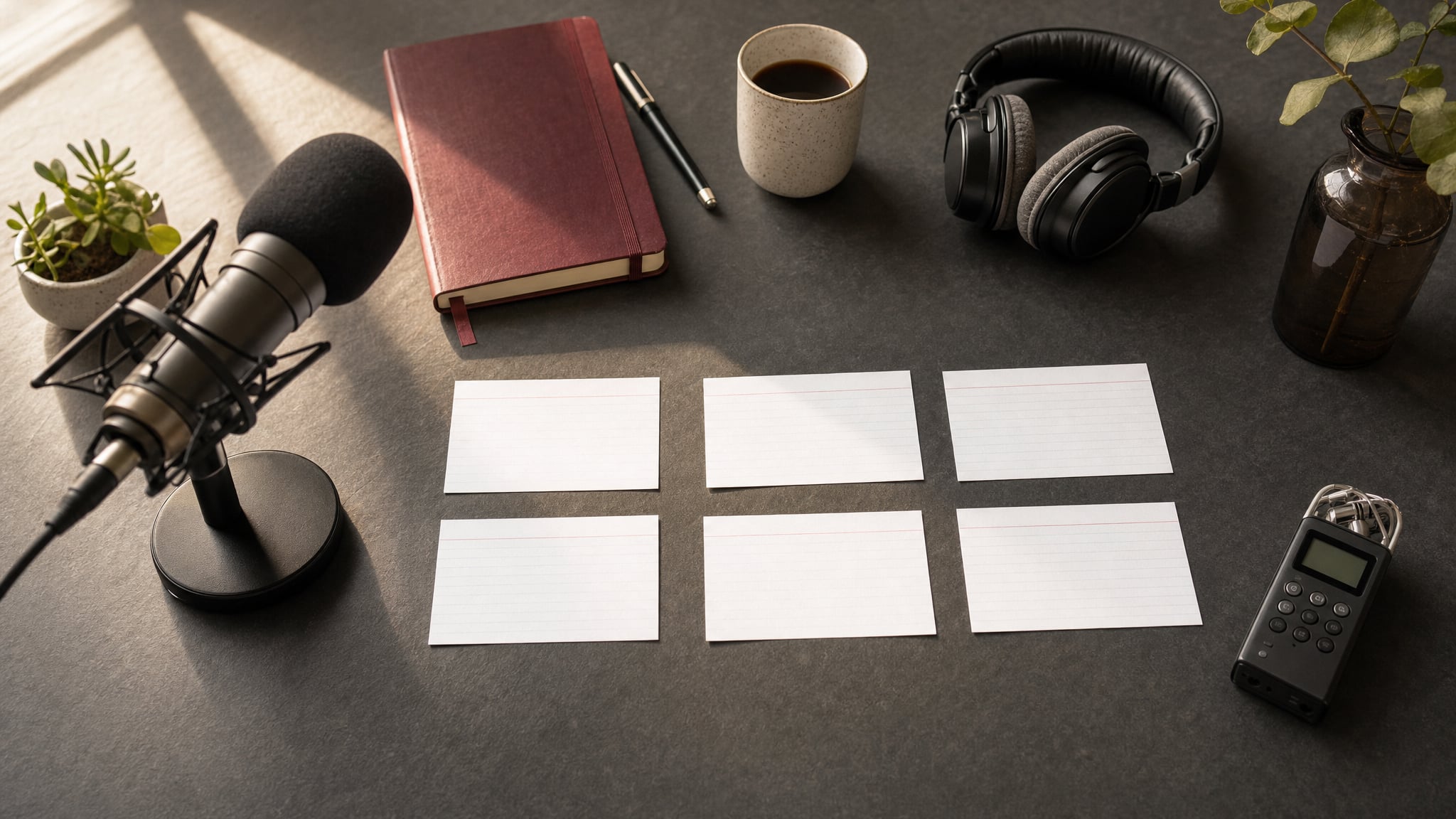 Podcast microphone, headphones, and blank planning cards on a production desk