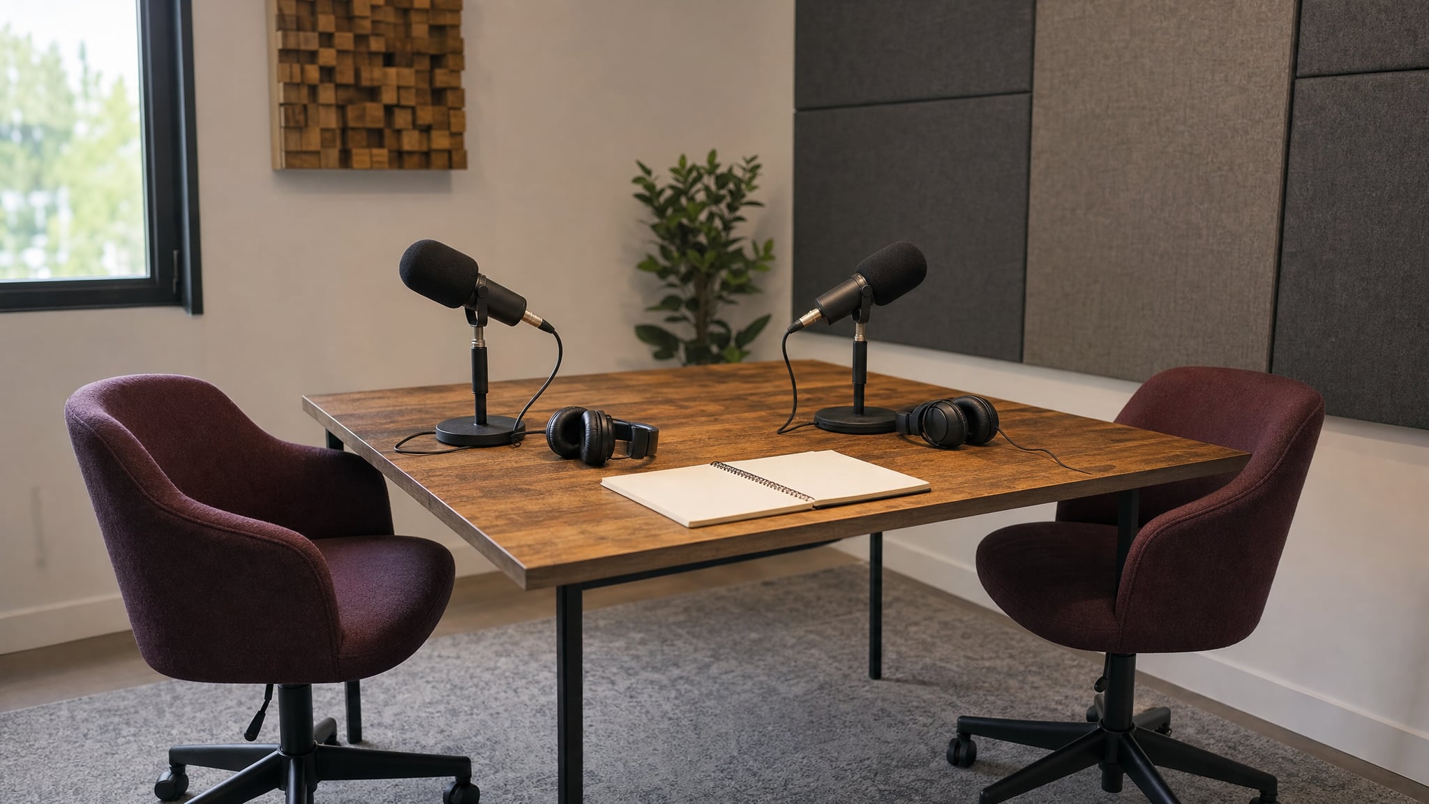 Two microphones prepared for a podcast interview across a studio table