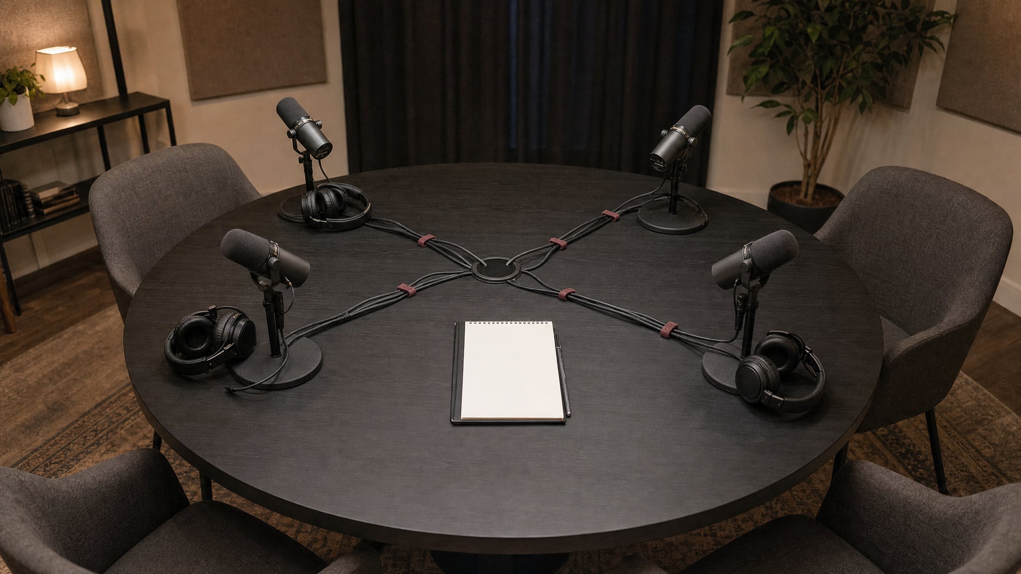 Four microphones arranged around a roundtable podcast recording setup