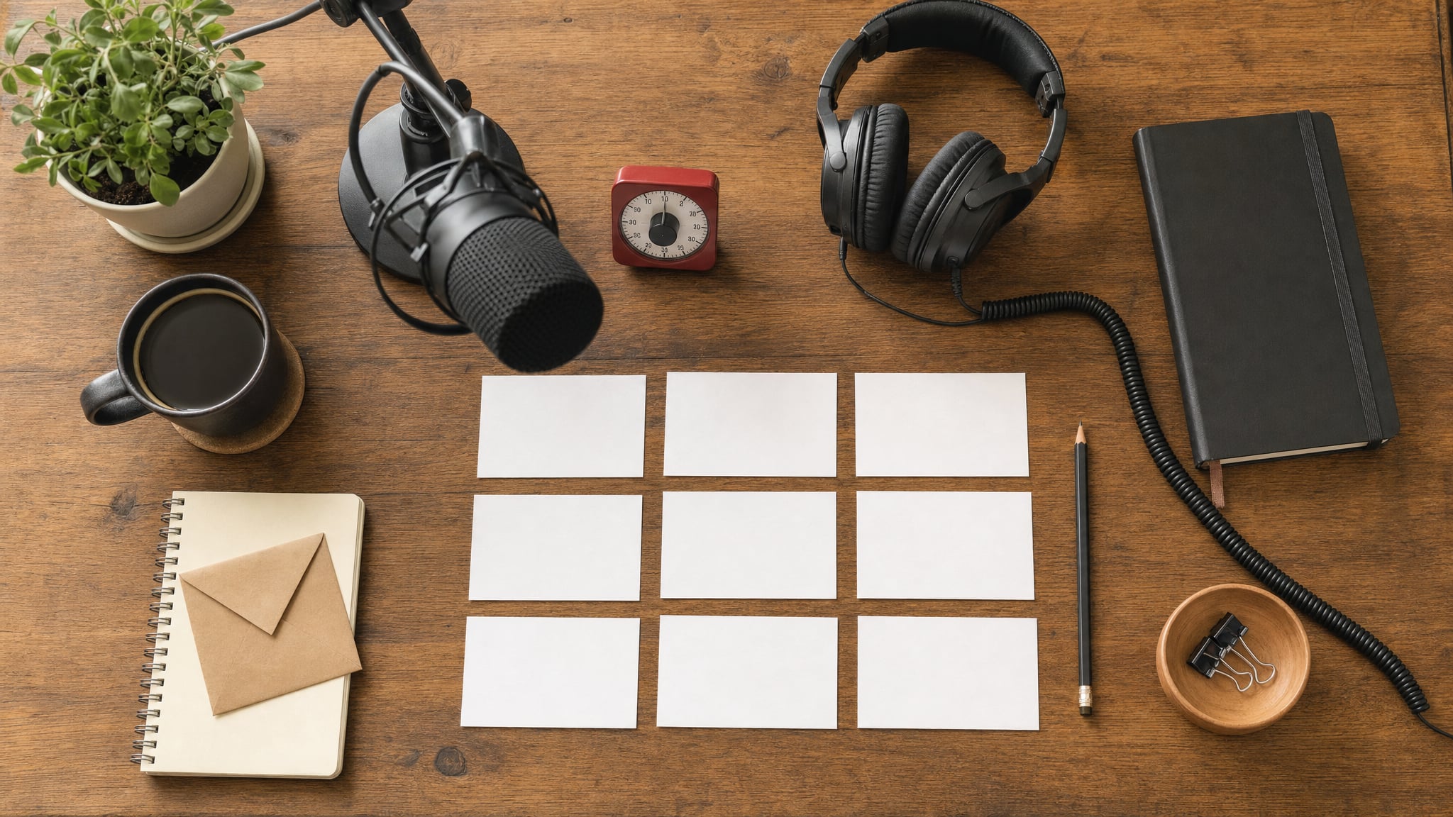 Podcast microphone, timer, headphones, and blank planning cards on a worktable