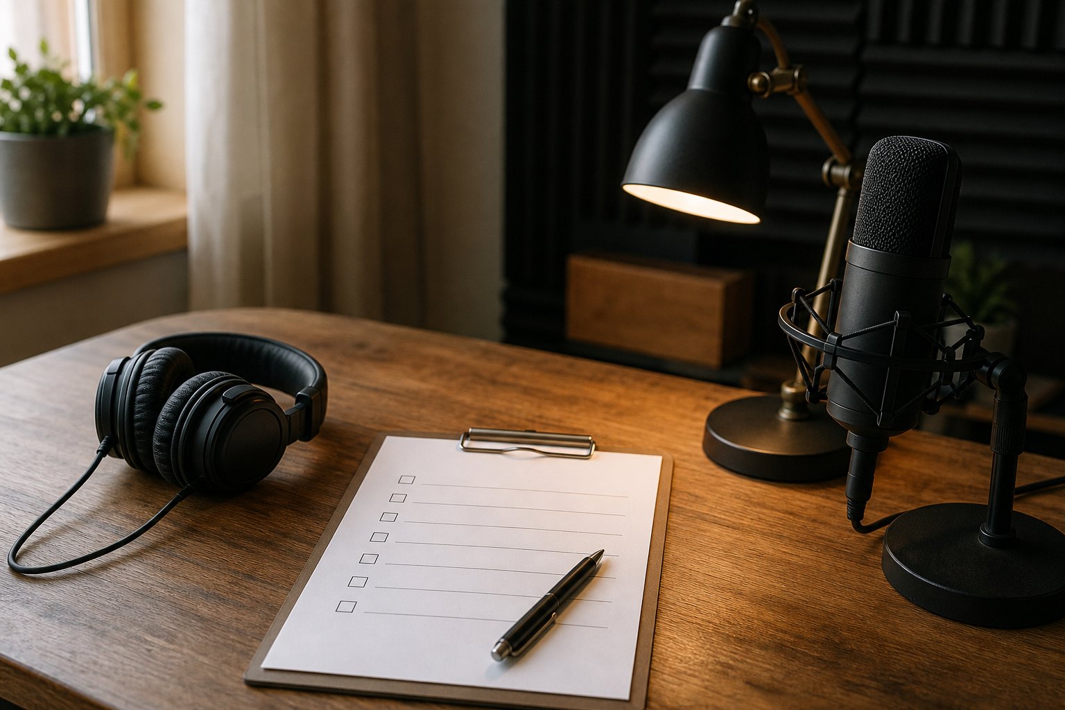 Podcast guest checklist beside headphones and a studio microphone