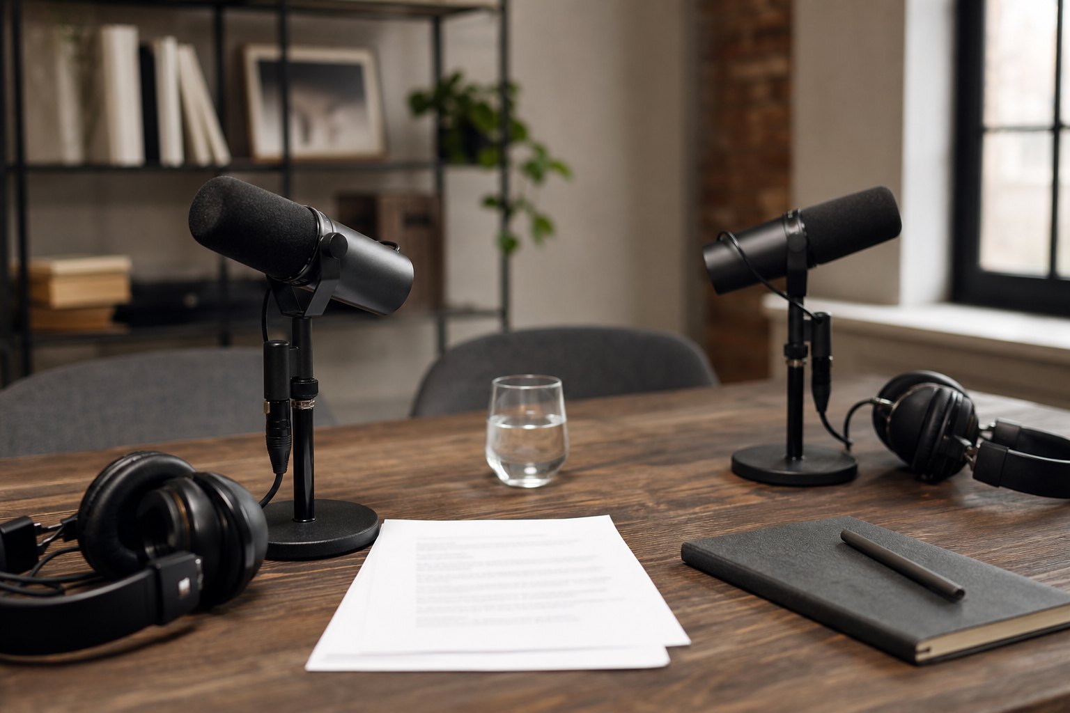 Two podcast microphones and guest briefing notes prepared on a recording table