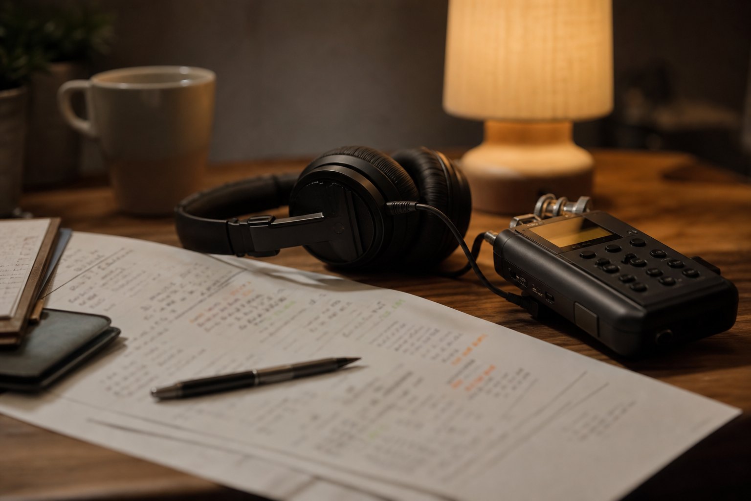 Headphones, recorder, and editorial notes on a producer desk after a recording