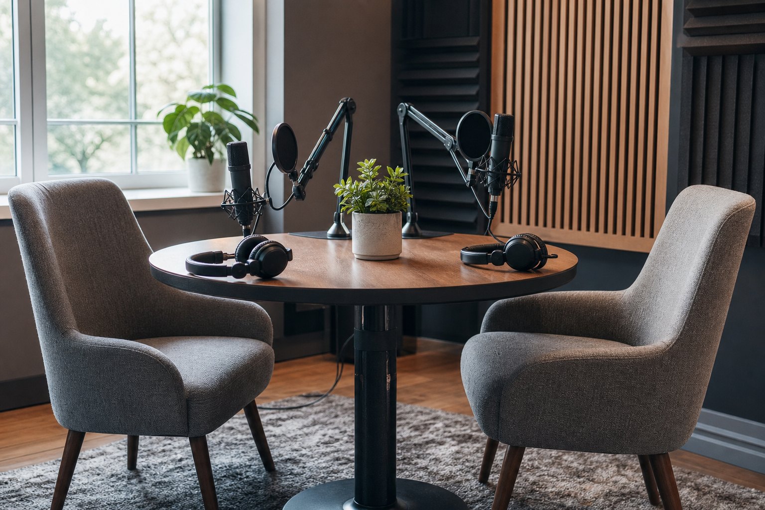 Two chairs and microphones prepared for a podcast conversation