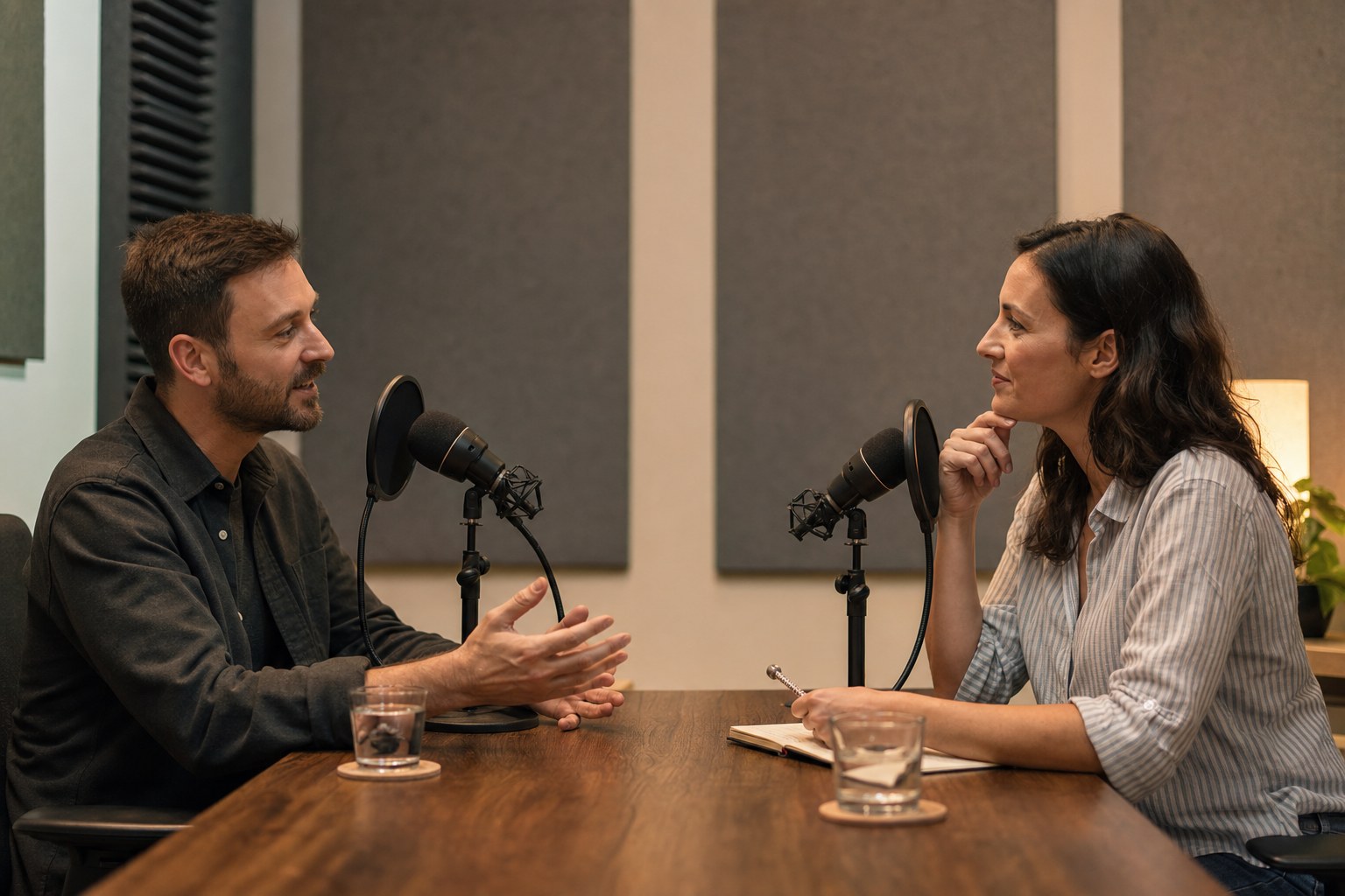 Two people recording a focused podcast interview across a studio table