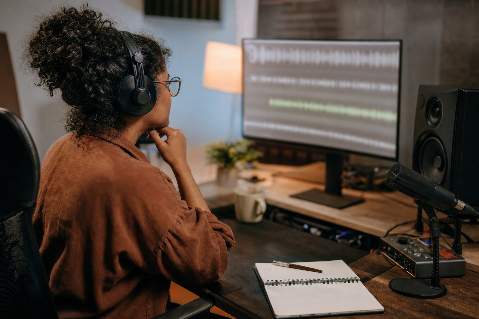 Podcast producer listening back to an interview at an editing desk