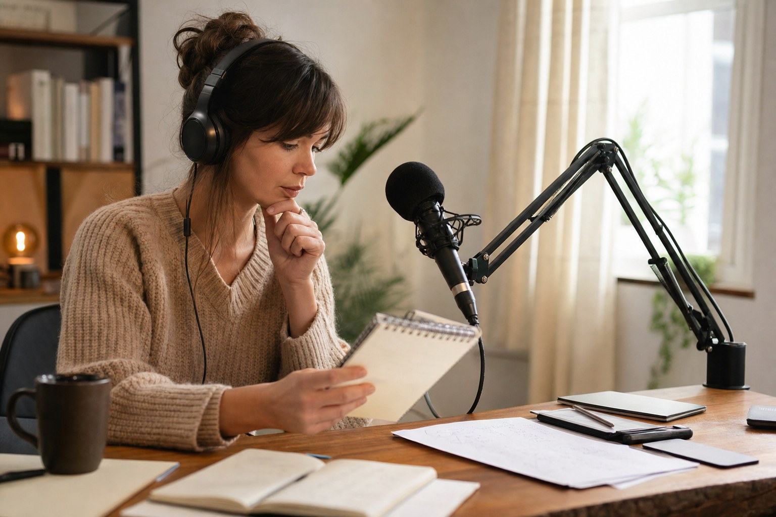 Podcast host reviewing interview questions beside a studio microphone