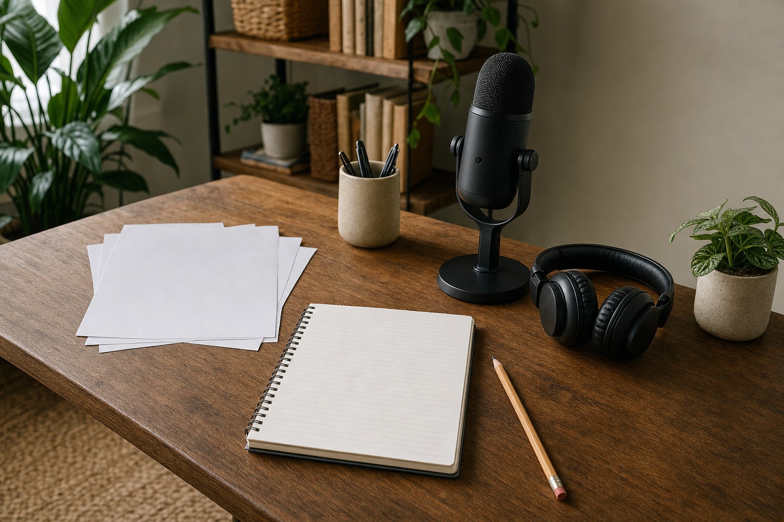 Notebook, microphone, headphones, and research materials prepared for a podcast interview