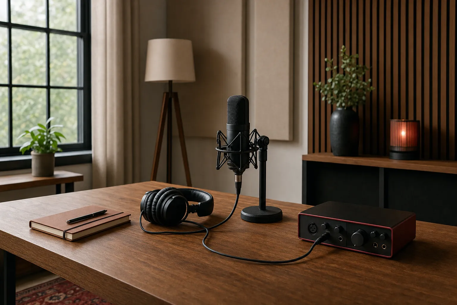 Podcast microphone, headphones and audio interface on a recording desk