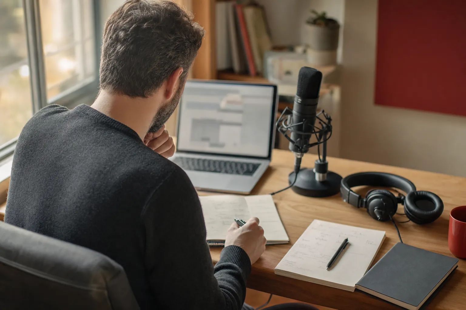 Producer reviewing a podcast release plan at a desk