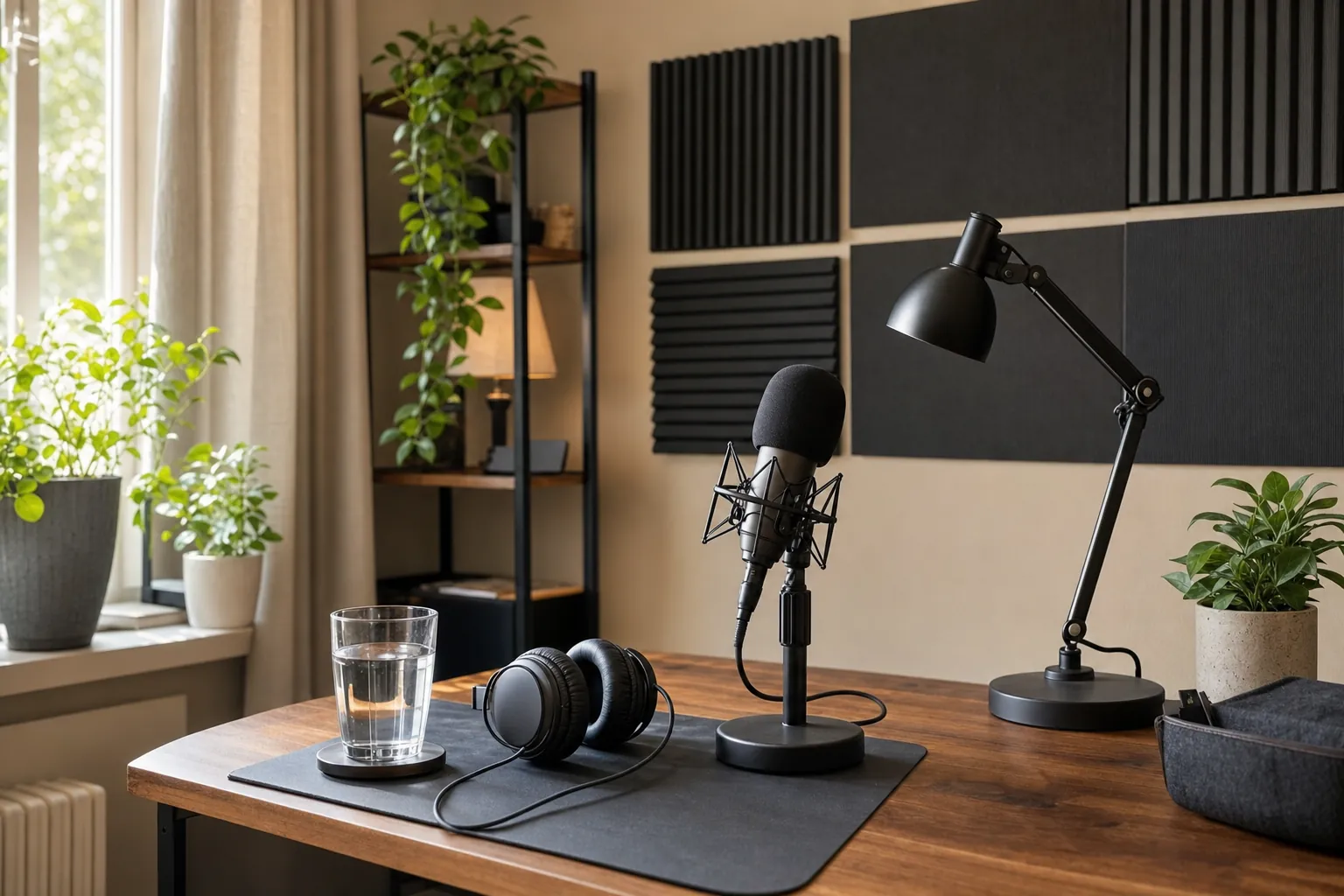 A tidy home podcast recording space with microphone and headphones