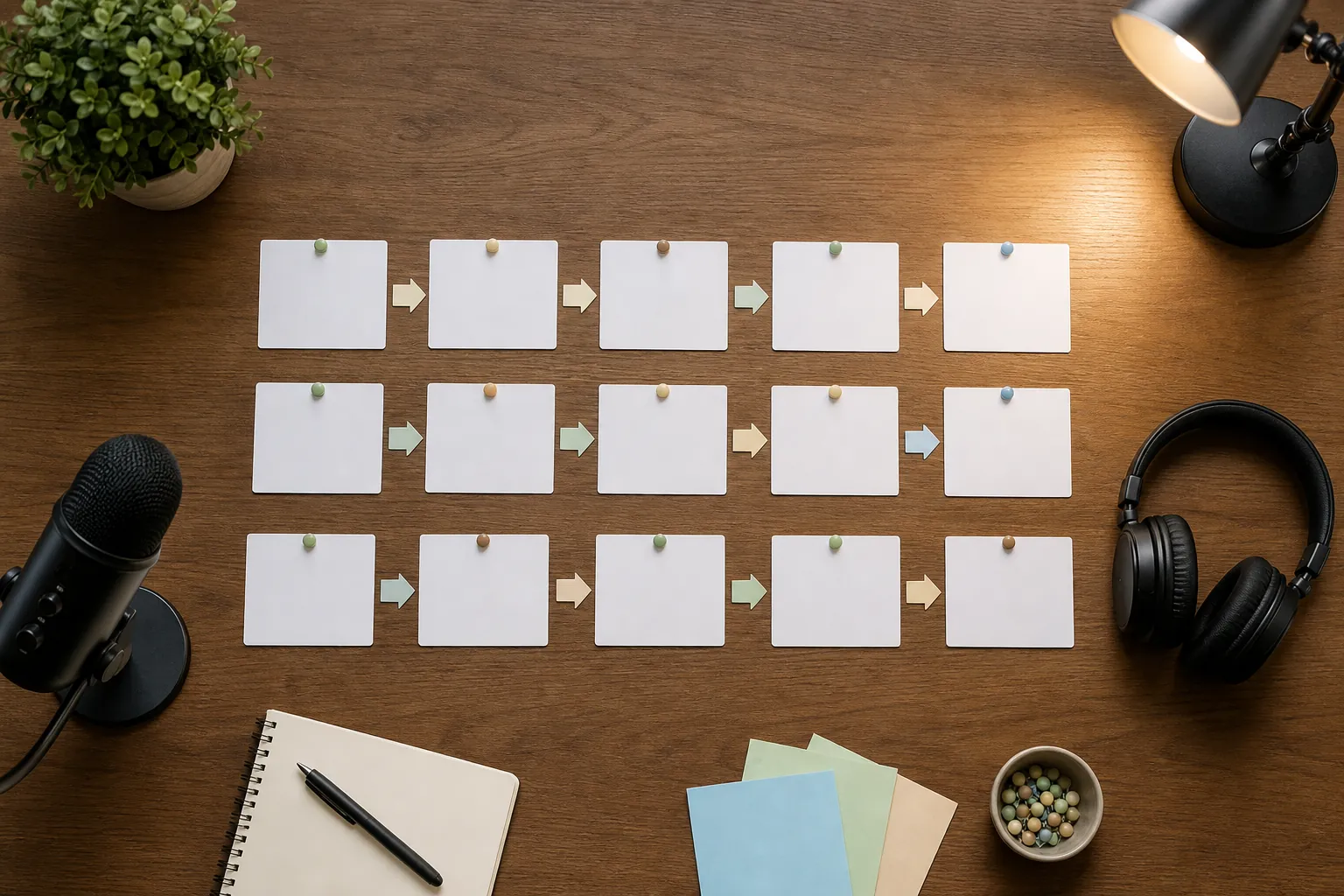 Blank episode cards arranged as a practical podcast release plan