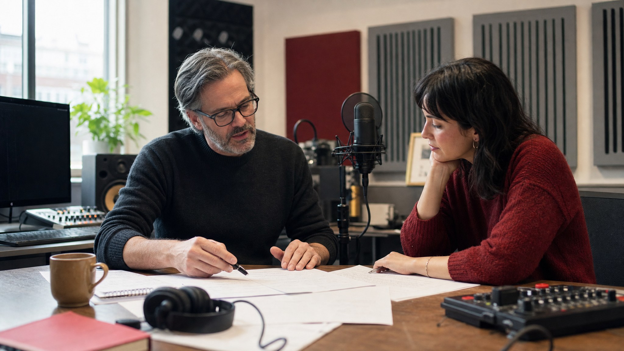 A podcast consultant reviewing episode plans with a host in a studio
