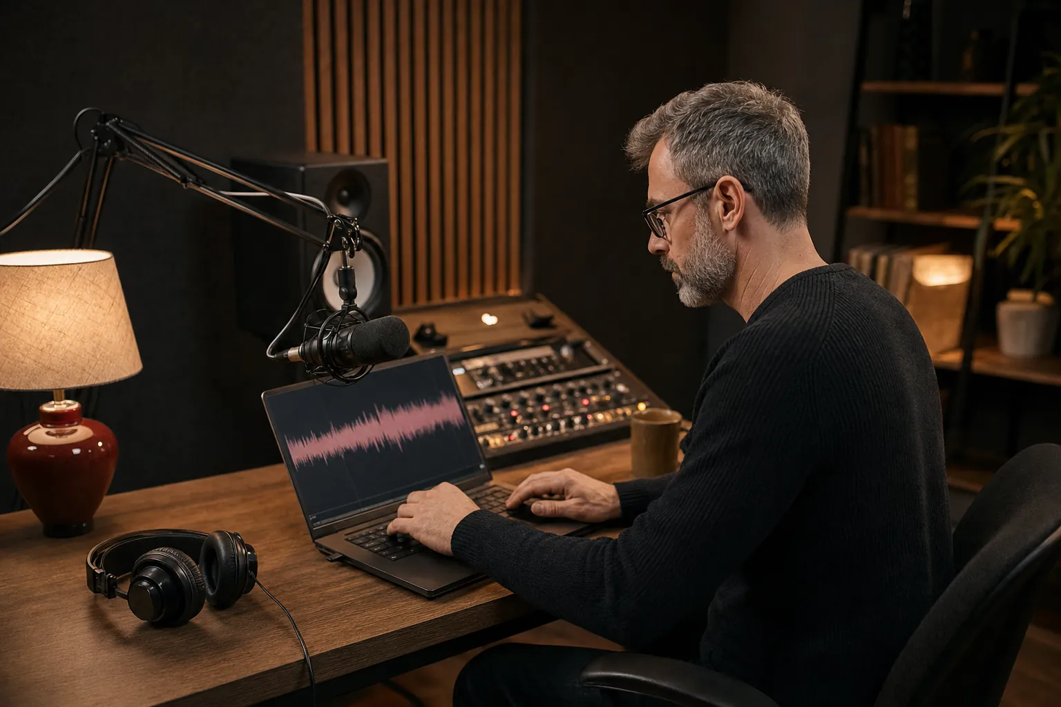 Podcast producer editing an interview in a studio