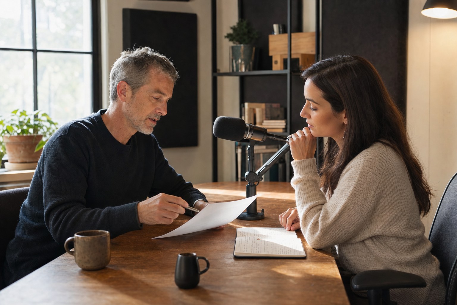 Podcast producer and host reviewing a guest brief before recording