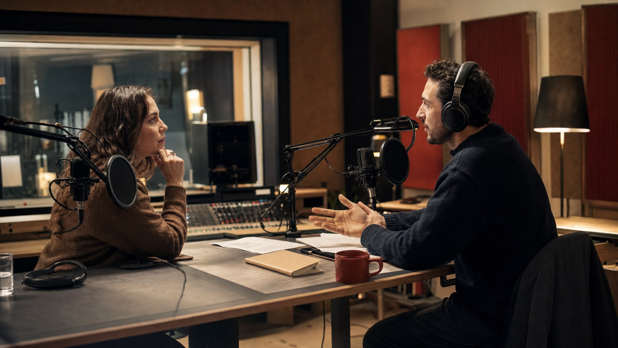 Two people recording a conversation in a professional audio studio