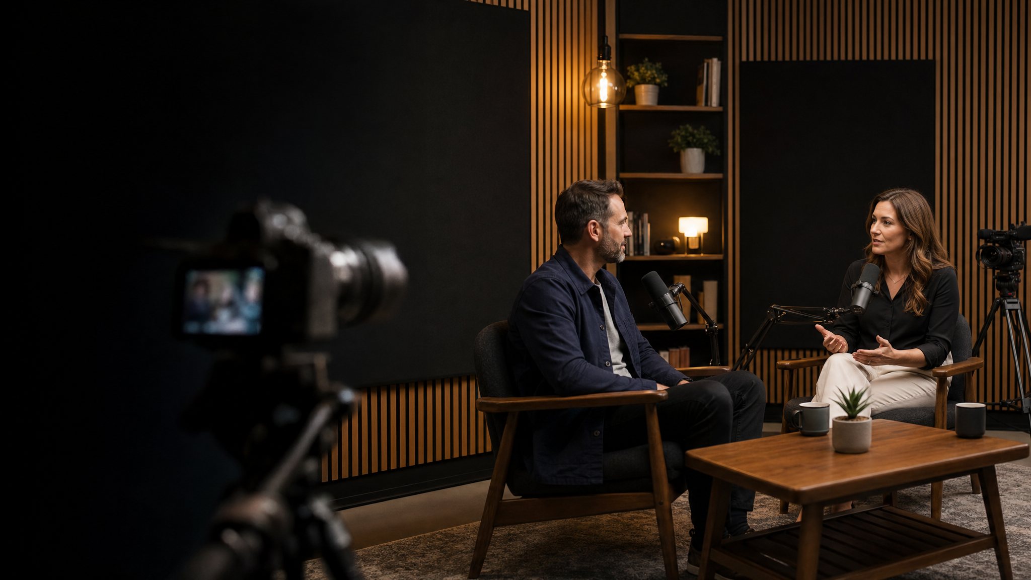 Two people recording a video podcast in a warm studio