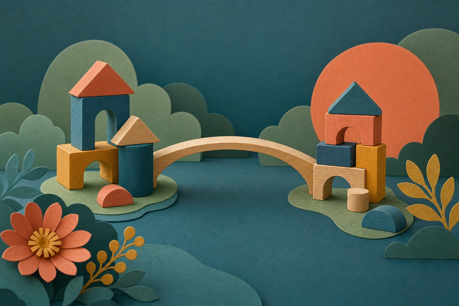 Wooden blocks connected by a small bridge, representing a caring transition