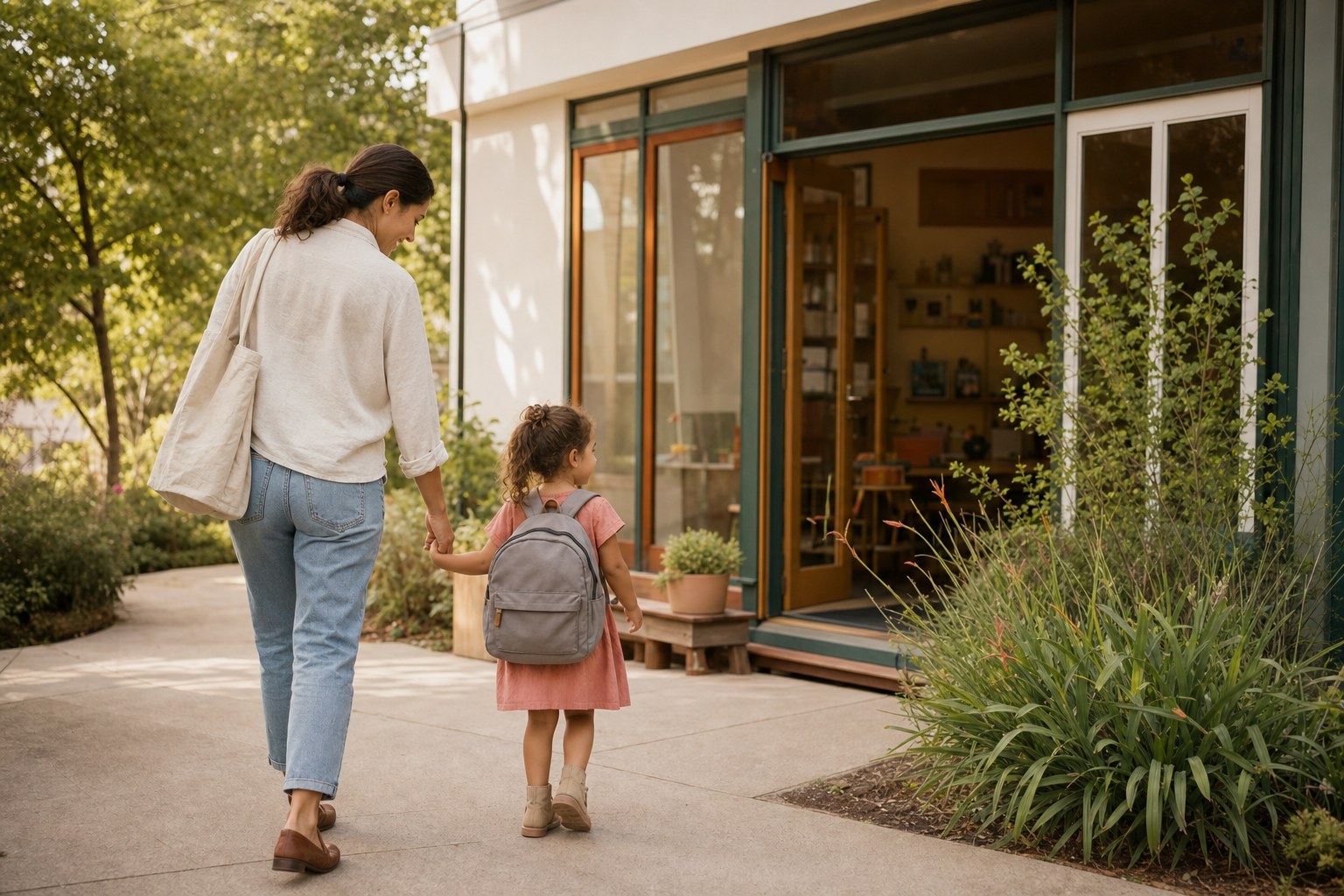 Parent and preschool child arriving together for a new school day