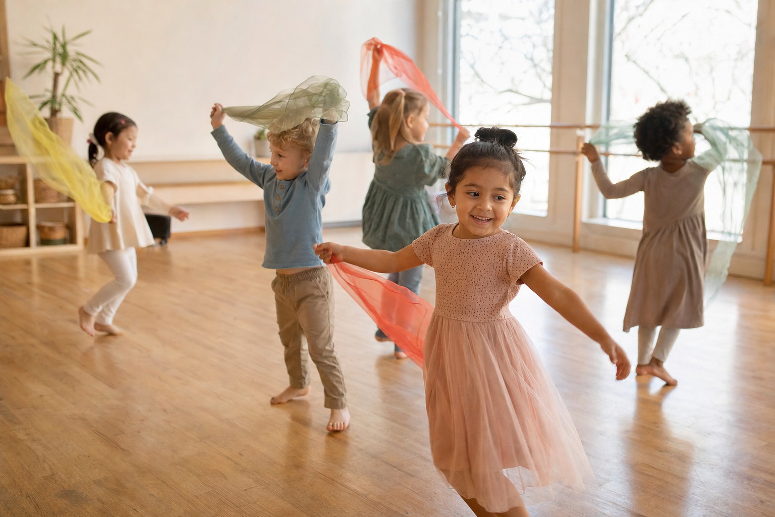 Preschool children dancing with colorful scarves in a sunny studio