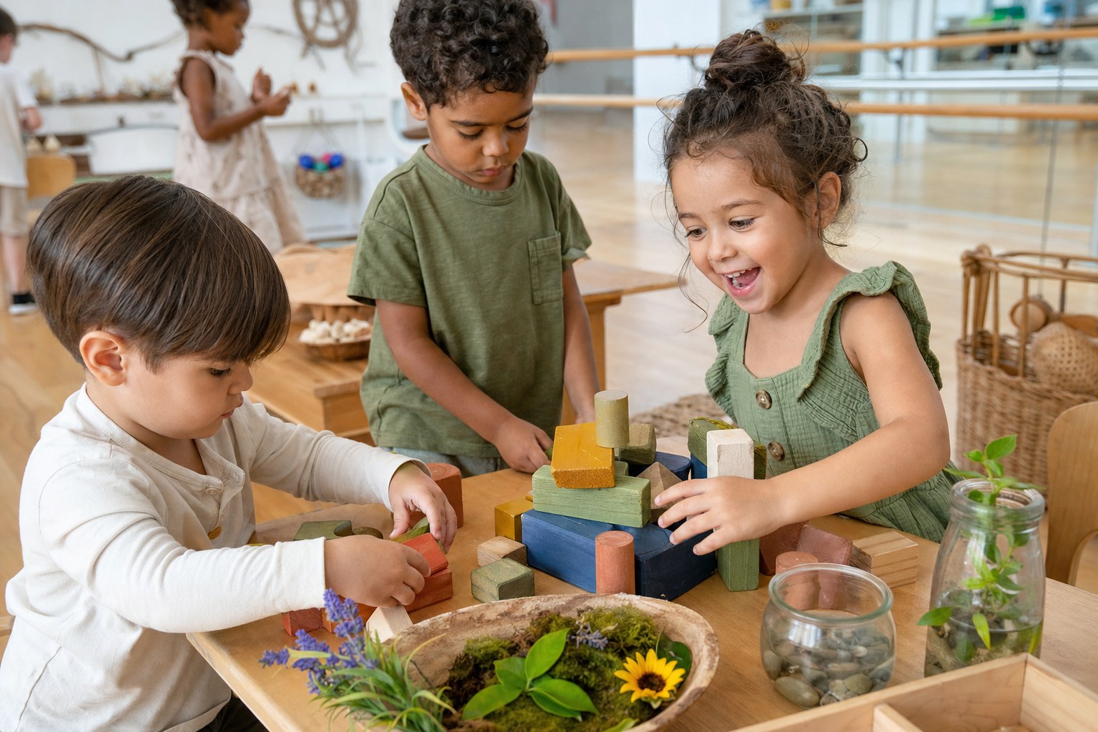 Preschool children building and exploring learning materials together