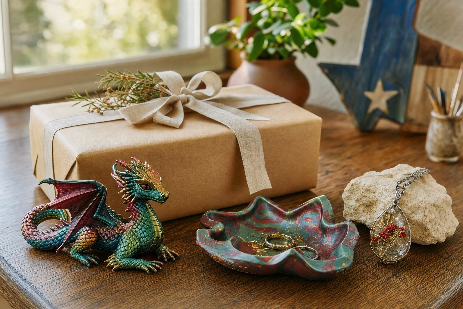 A wrapped gift with a colorful 3D-printed figurine, a catchall tray, and a handmade pendant