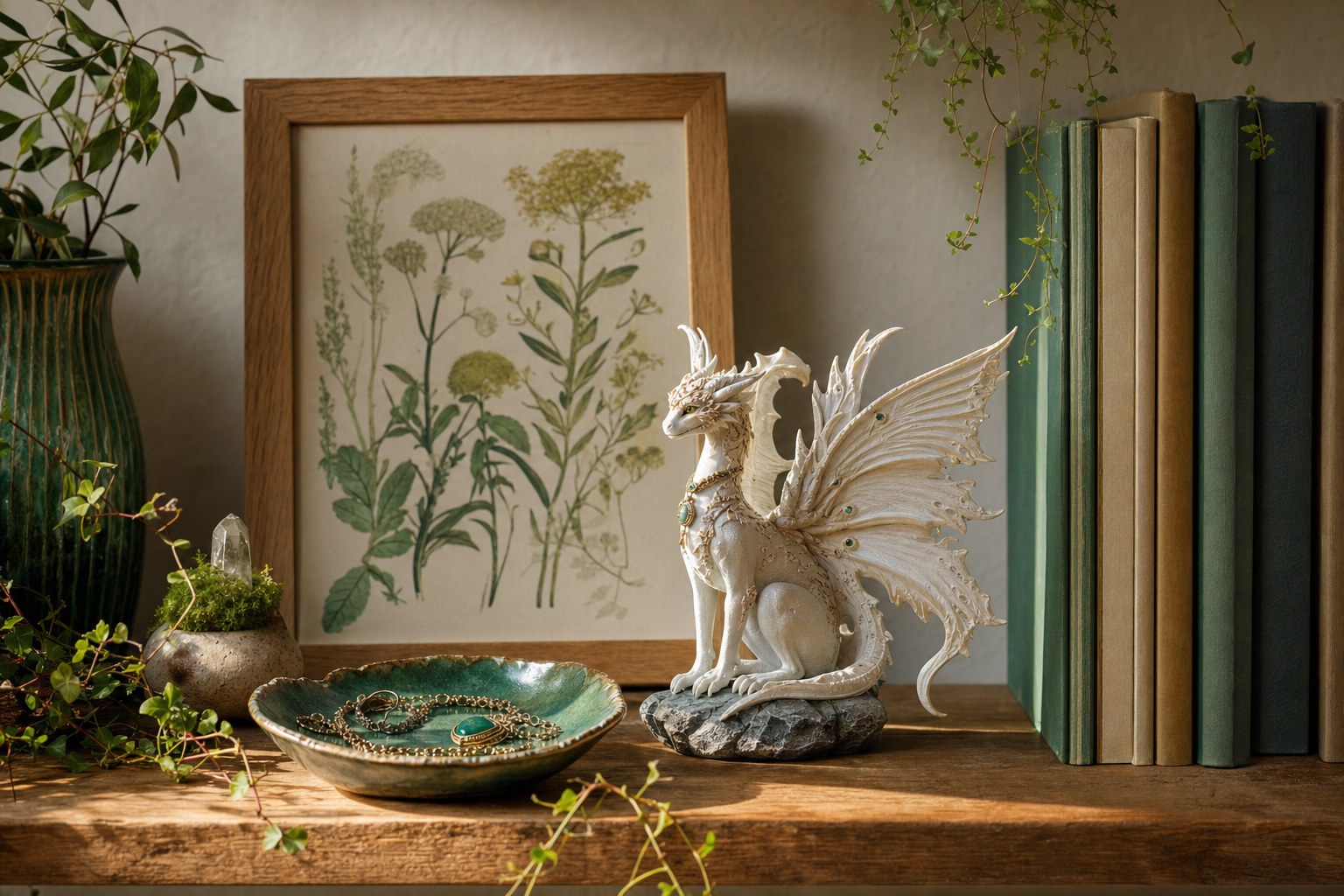 A 3D-printed winged figurine and handmade jewelry dish displayed on a home bookshelf