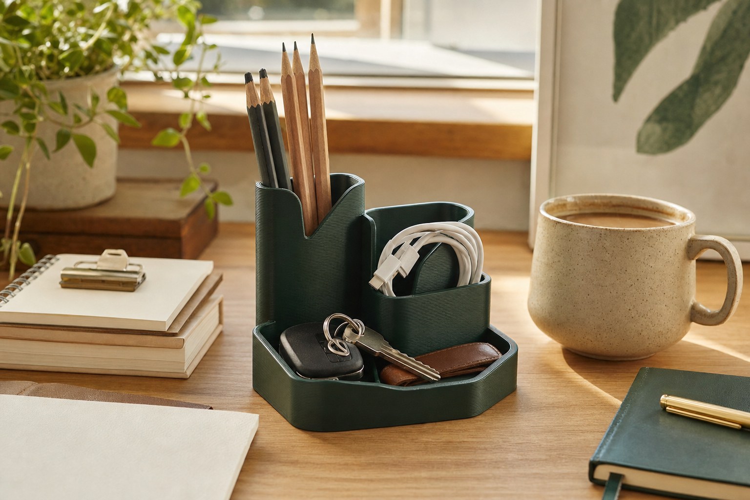 A 3D-printed desk organizer holding everyday essentials on a warm wooden desk
