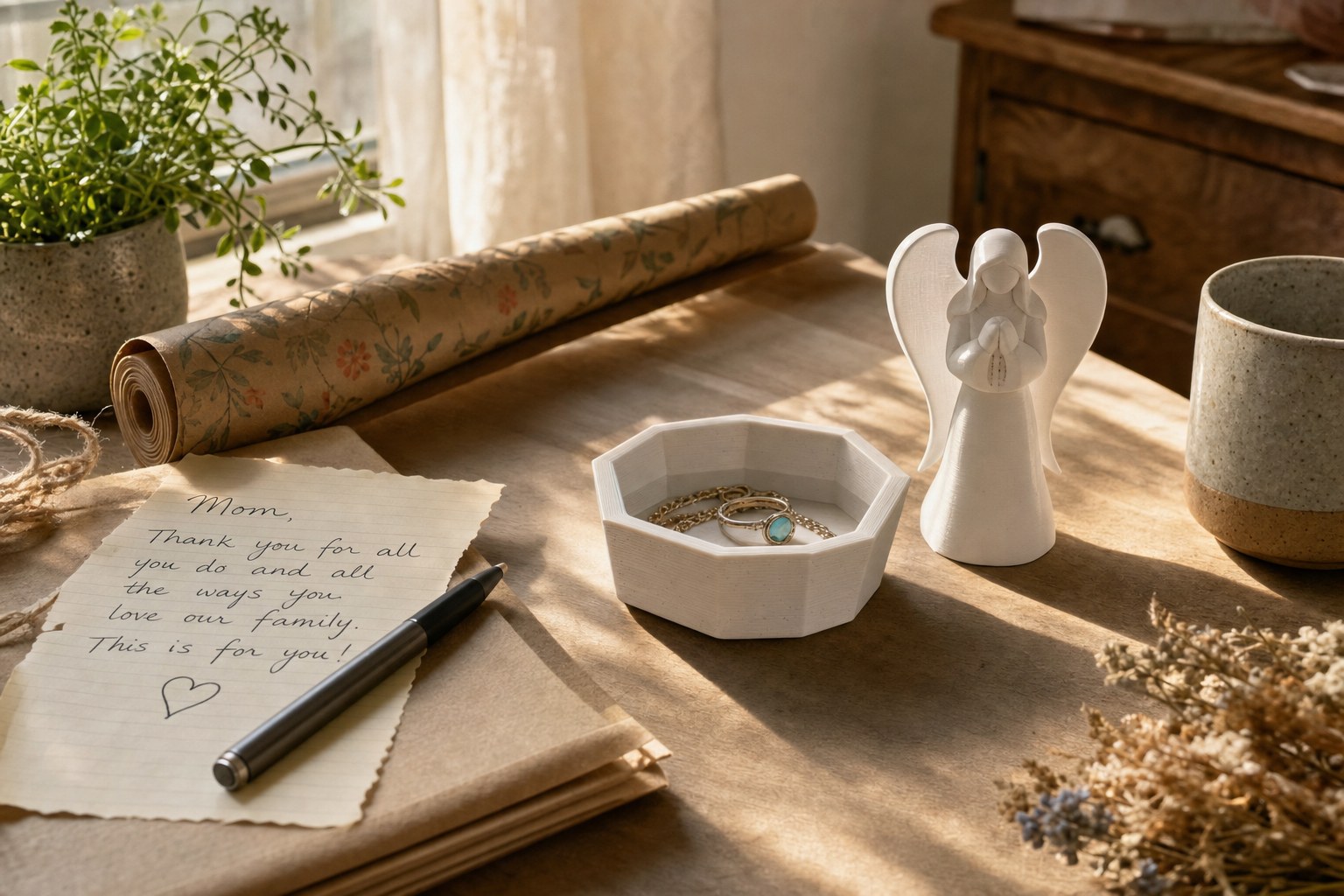 A wrapped 3D-printed gift, a small trinket tray, and an angel figurine on a sunlit home desk