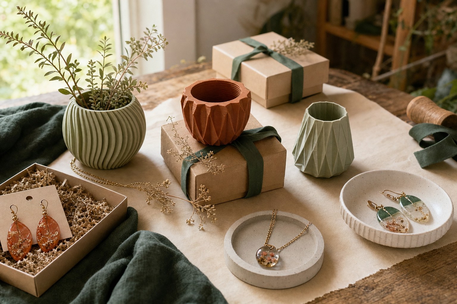 Handmade gifts and small 3D-printed keepsakes arranged on a maker’s worktable