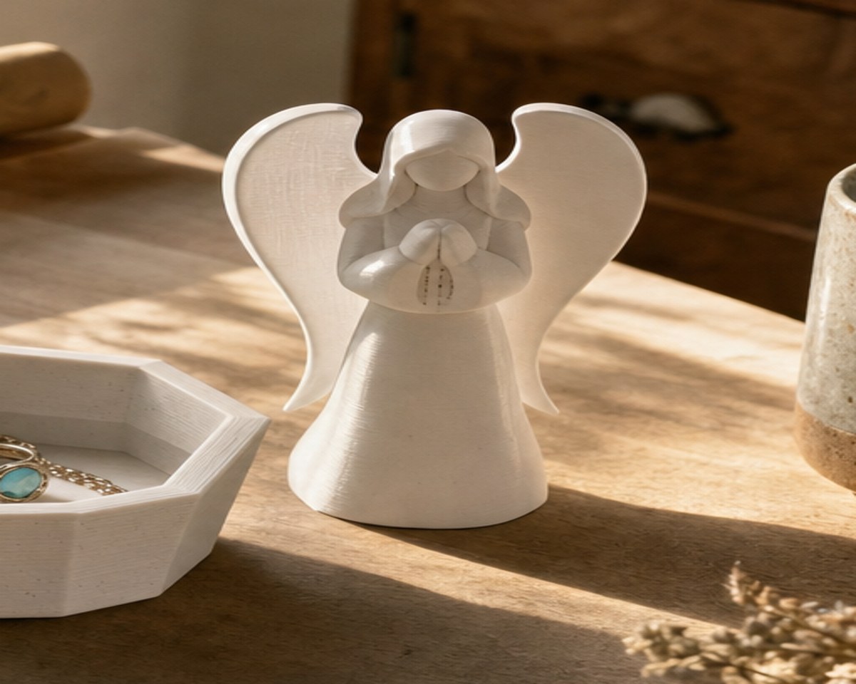 A white 3D-printed angel figurine on a sunlit desk