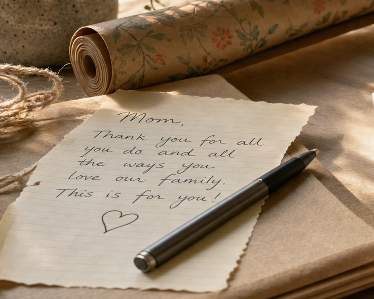 A handwritten gift note beside simple wrapping paper