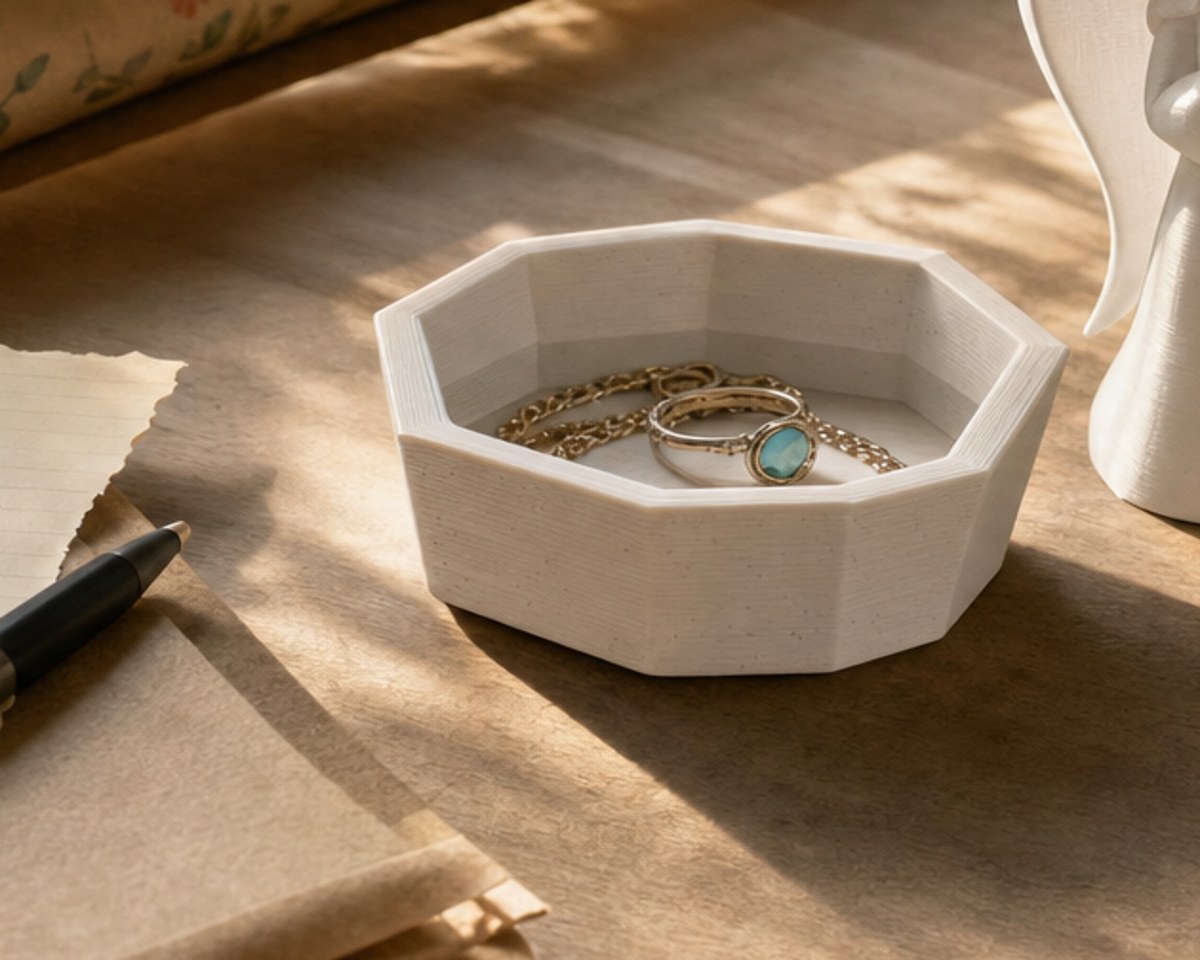 A small 3D-printed trinket tray holding jewelry