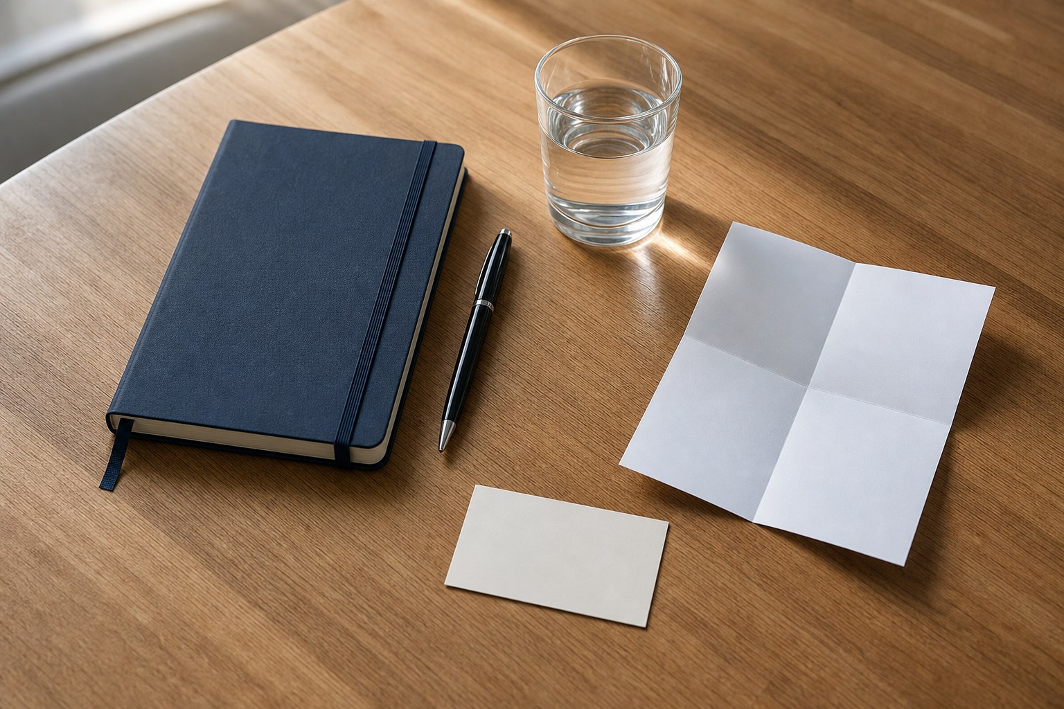 Notebook, pen, water glass, and blank note cards on a wooden table