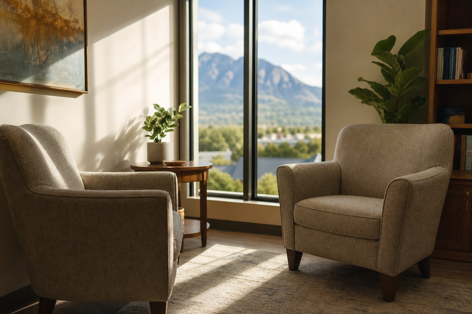 Two comfortable chairs in a sunlit consultation room