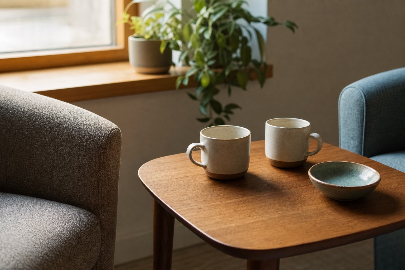 Two empty chairs beside a table with tea cups in a calm room