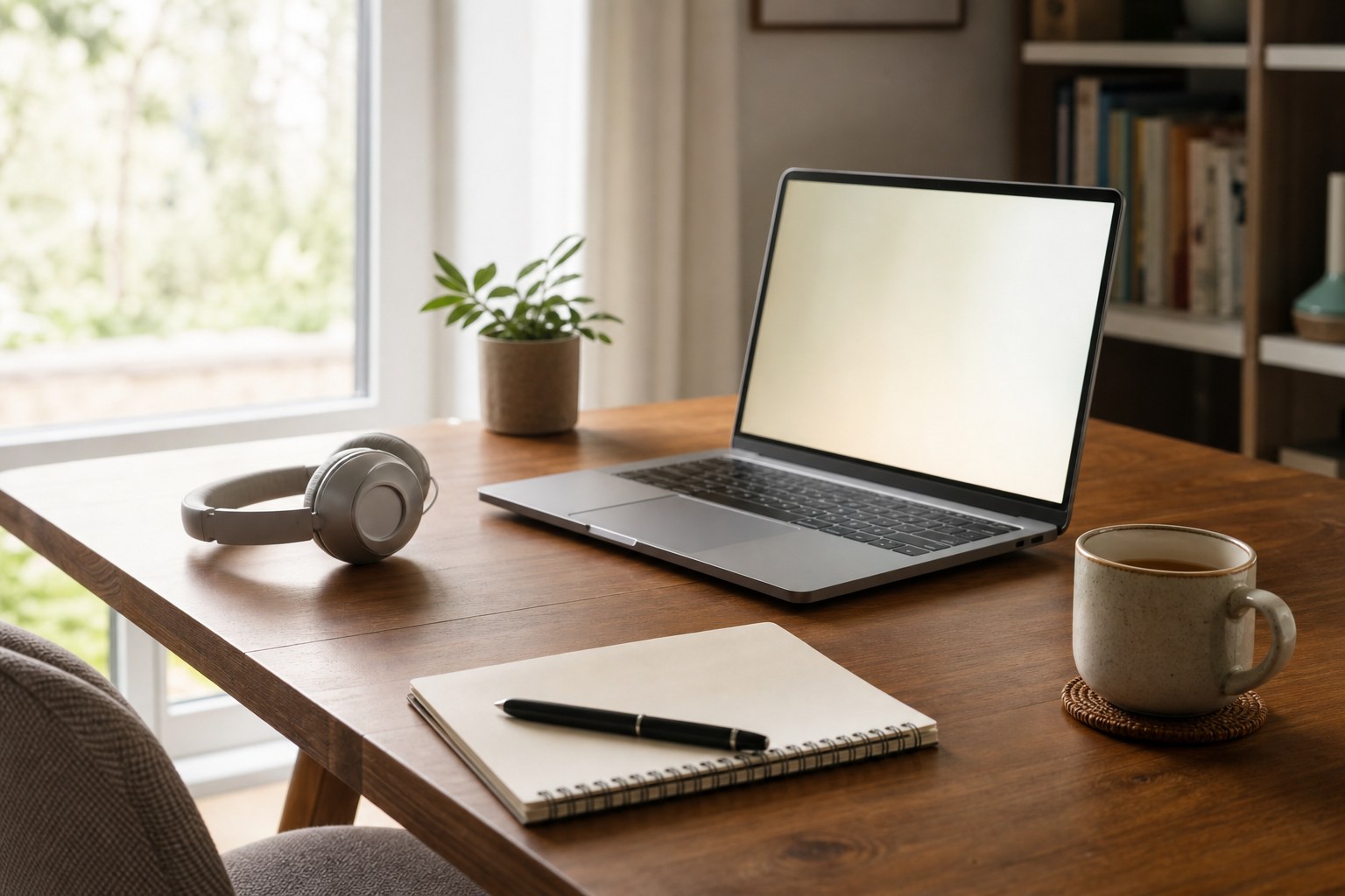 Private home desk prepared for a virtual appointment