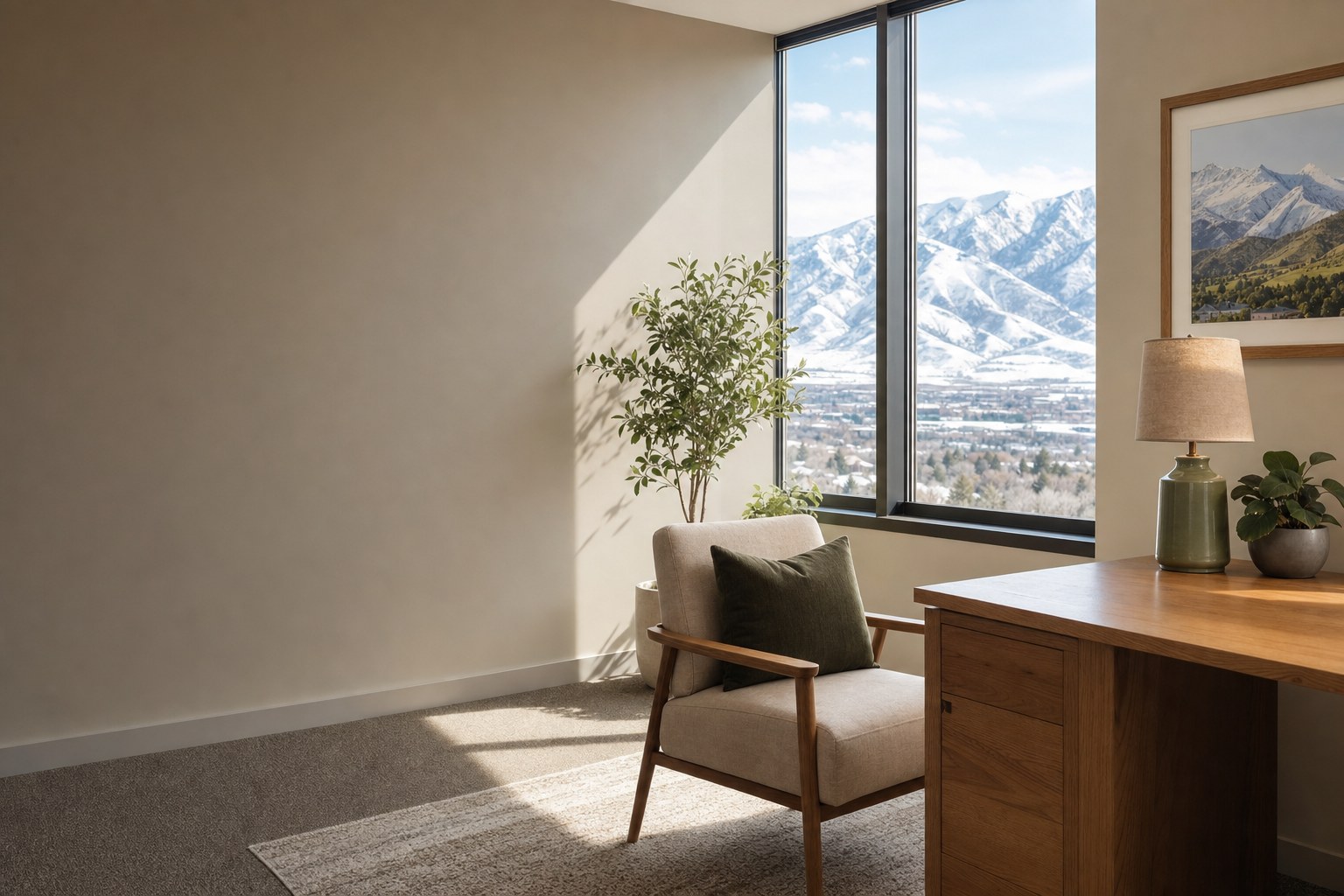 Calm Utah psychiatric consultation room with mountain view