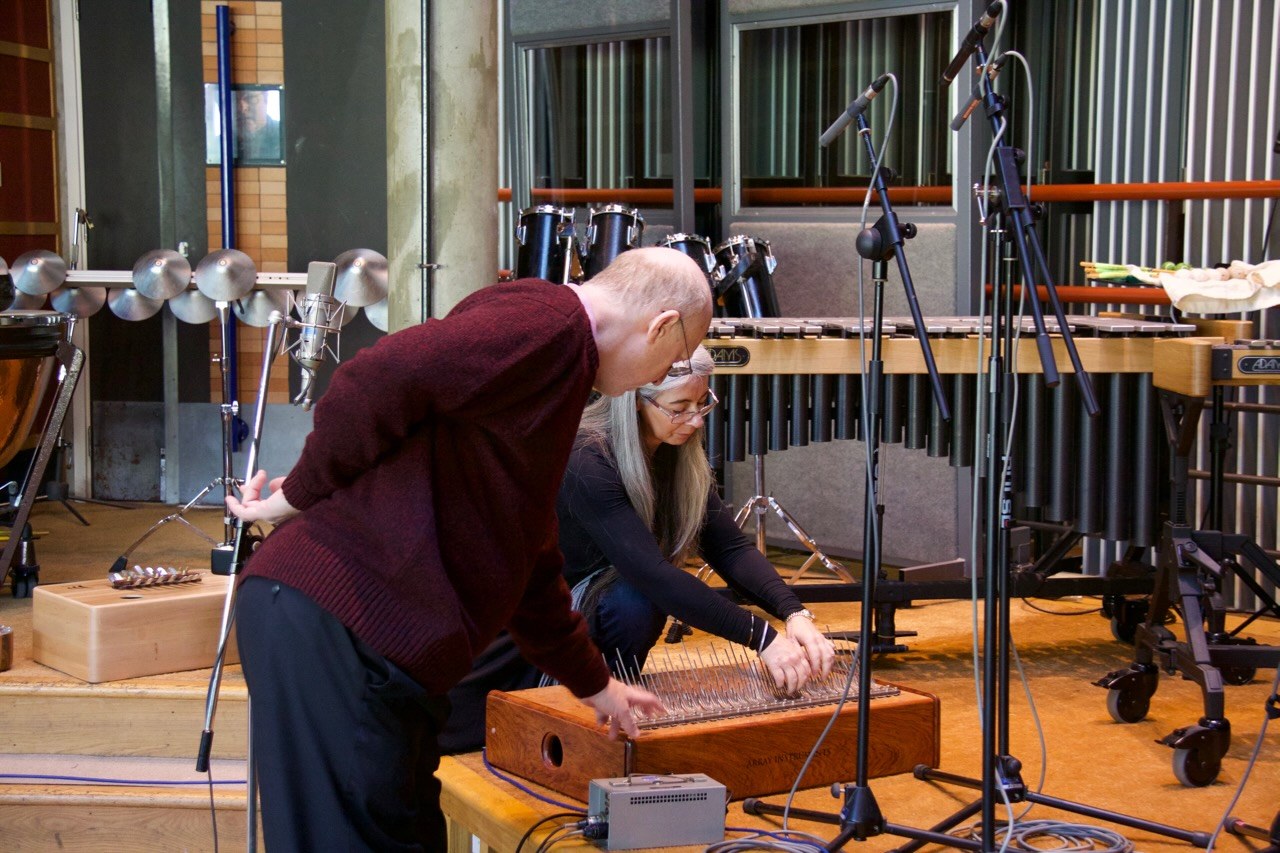 Michael Jefry Stevens with Evelyn Glennie in a percussion studio